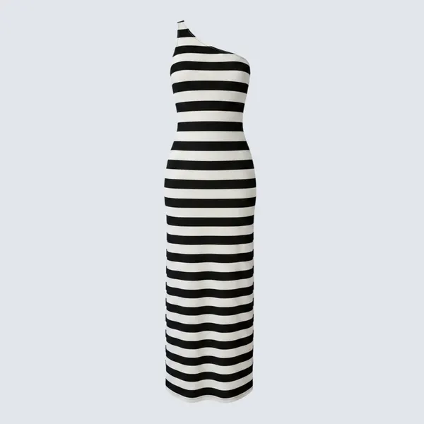 Billy J Eye catching Maxi Dress, Black and White Striped one shoulder Dress