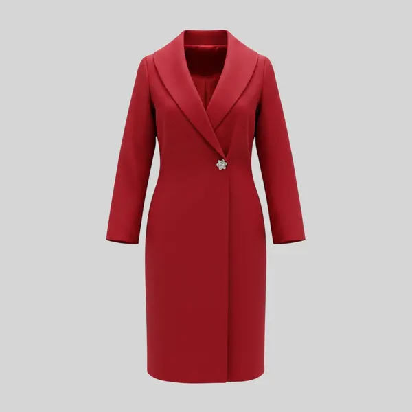 Dramatic scarlet red mid-length lightweight tailored classic evening coat.