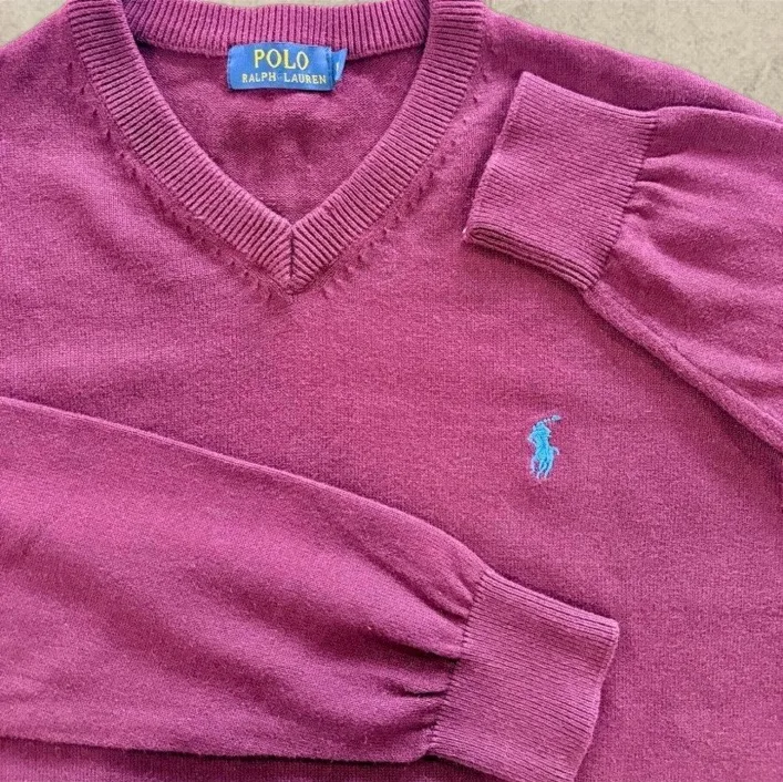 Vintage Polo Ralph Lauren V-Neck Cotton Jumper XL | Burgundy | Blue Pony — photo 2