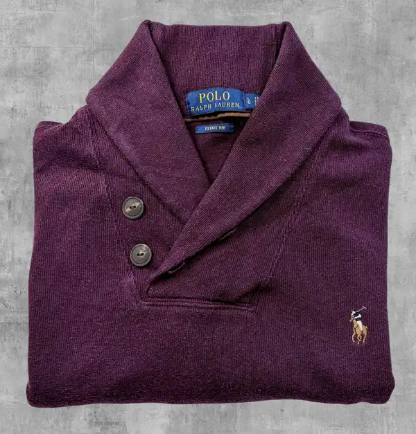 Polo Ralph Lauren Estate Rib Shawl Collar Jumper Burgundy Cotton L