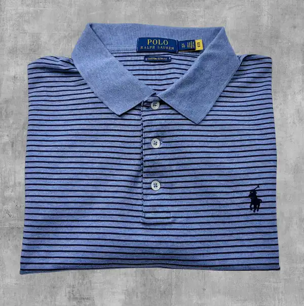 Polo Ralph Lauren Men's XL Custom Slim Fit Blue Navy Striped Cotton Polo Shirt