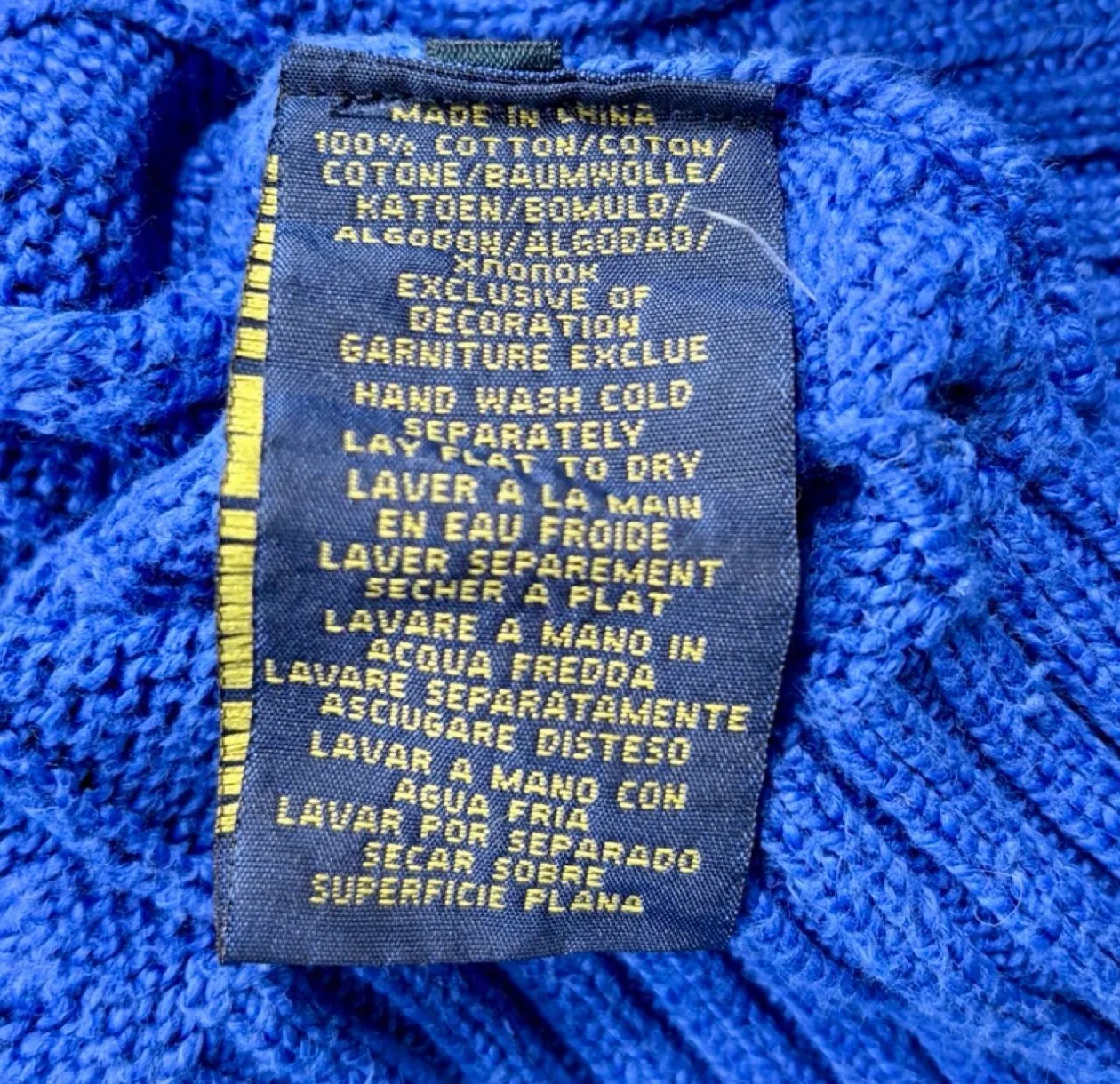 Polo Ralph Lauren Cable Knit Jumper Blue Cotton Sweater L Lime Pony — photo 7