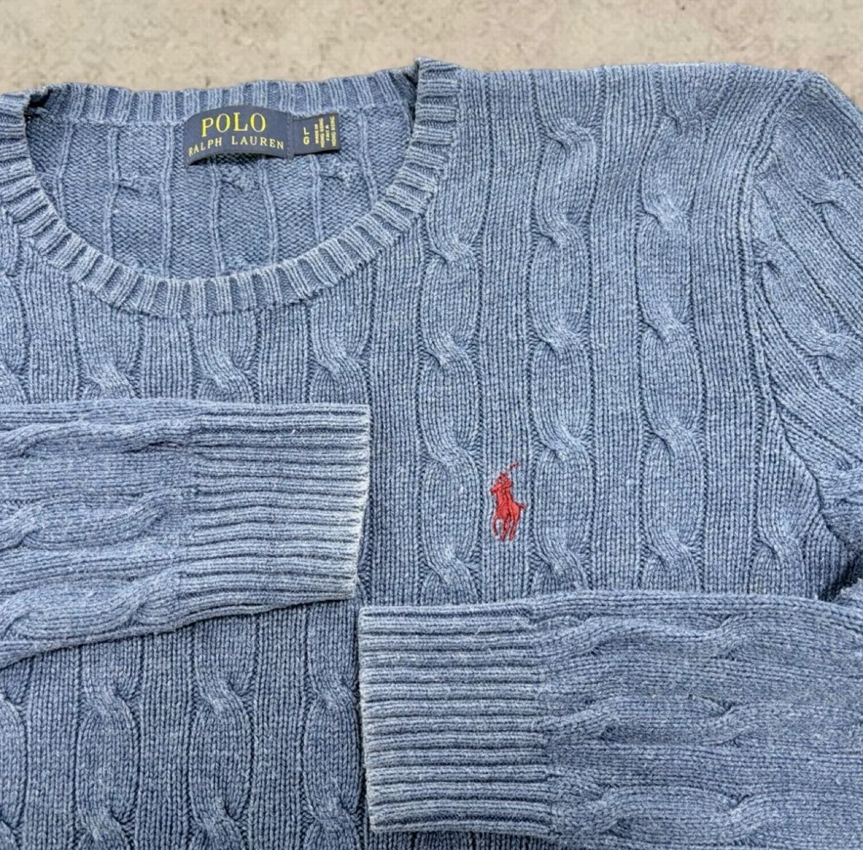 Vintage Polo Ralph Lauren 100% Silk Cable Knit Jumper Blue Red Pony L — photo 3