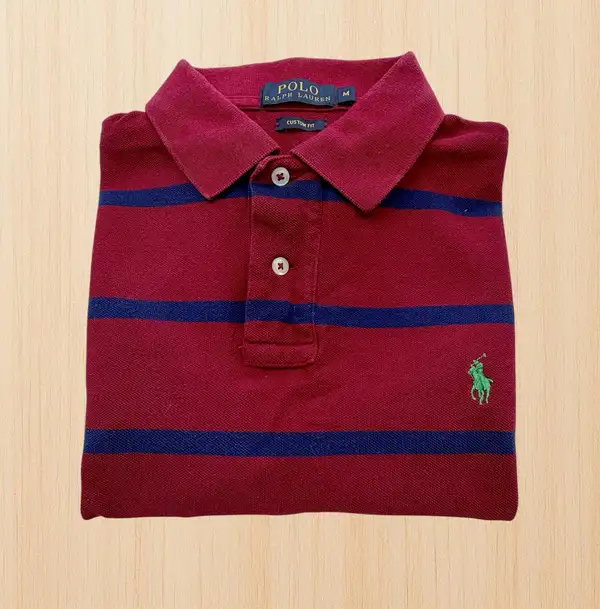 Polo Ralph Lauren Mens Red Navy Striped Green Pony Custom Fit Polo Shirt M