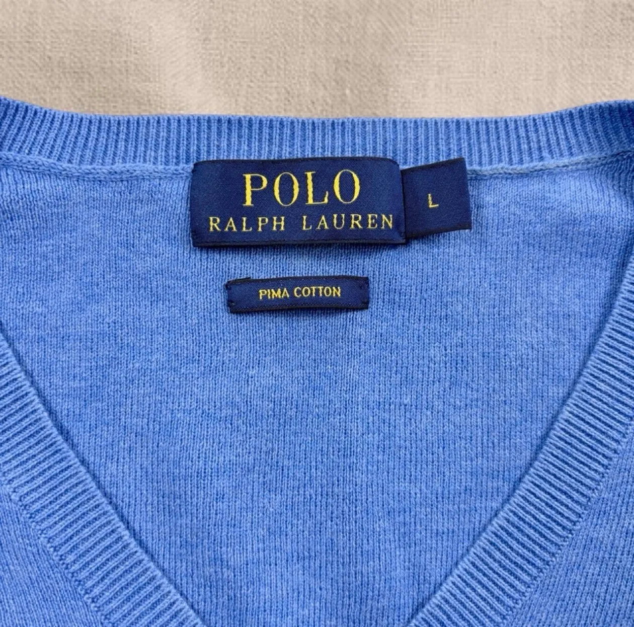 Polo Ralph Lauren Blue Pima Cotton V-Neck Jumper L Yellow Pony — photo 6