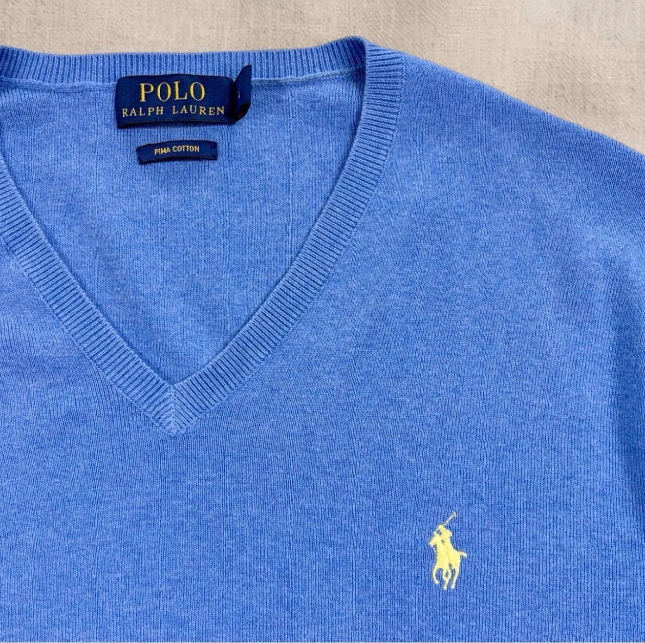 Polo Ralph Lauren Blue Pima Cotton V-Neck Jumper L Yellow Pony — photo 2