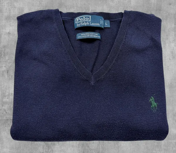 Polo Ralph Lauren Navy Pima Cotton V Neck L Green Pony