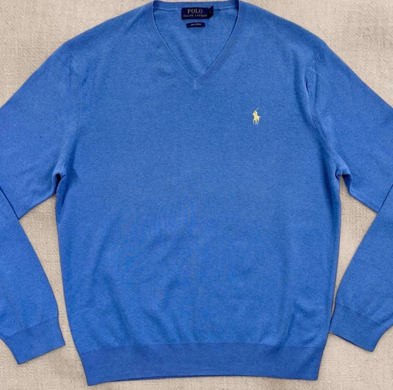Polo Ralph Lauren Blue Pima Cotton V-Neck Jumper L Yellow Pony — photo 3