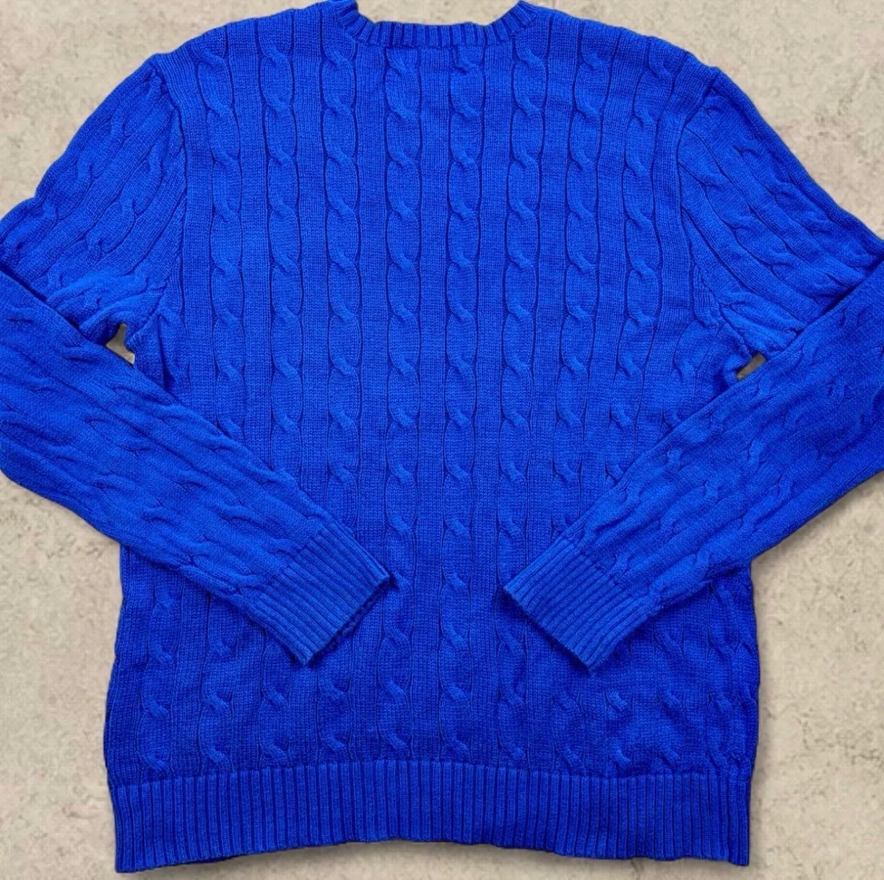 Polo Ralph Lauren Cable Knit Jumper Blue Cotton Sweater L Lime Pony — photo 4