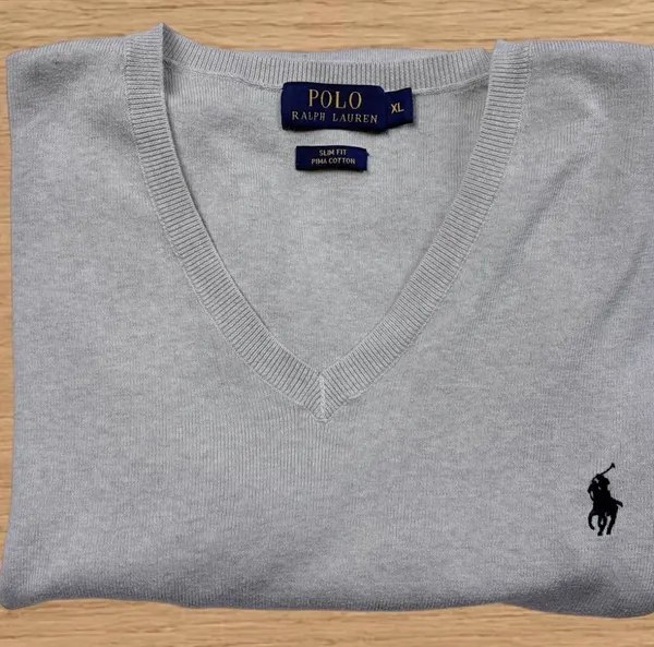 Ralph Lauren Pima Cotton V-Neck Knit XL Grey Black Pony