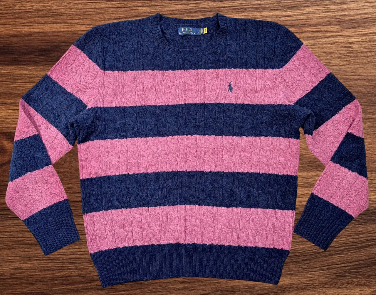 Polo Ralph Lauren Navy Pink Striped Cable Knit Wool Cashmere Jumper L – photo 3