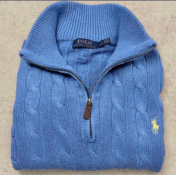 Vintage Polo Ralph Lauren 100% Silk Cable Knit Quarter Zip Blue L