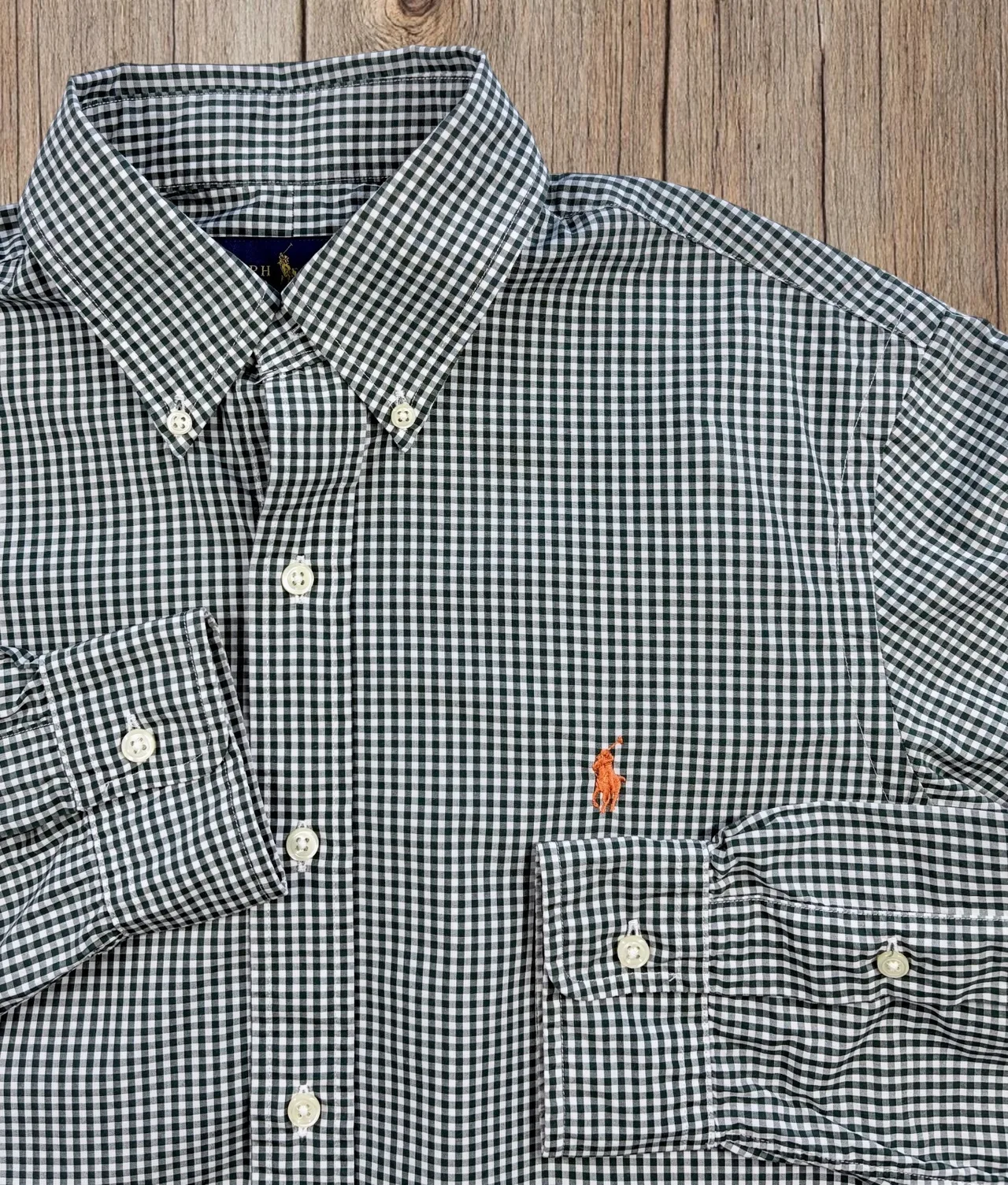 Ralph Lauren Green Gingham Shirt S Orange Pony — photo 2