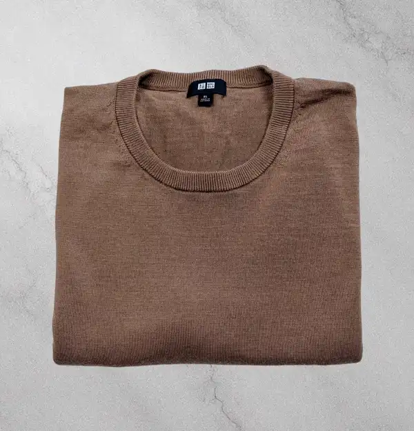 UNIQLO Men's 100% Wool Crewneck Jumper XL – Camel Brown Fine Knit