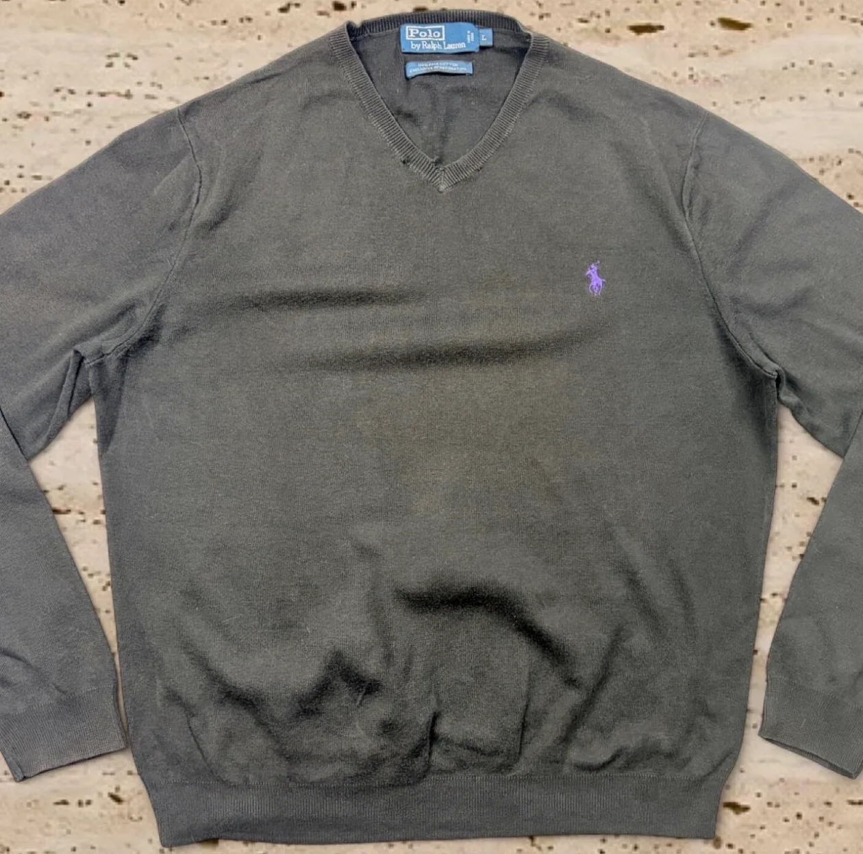 Polo Ralph Lauren Pima Cotton V-Neck Jumper Black Purple Pony L — photo 3