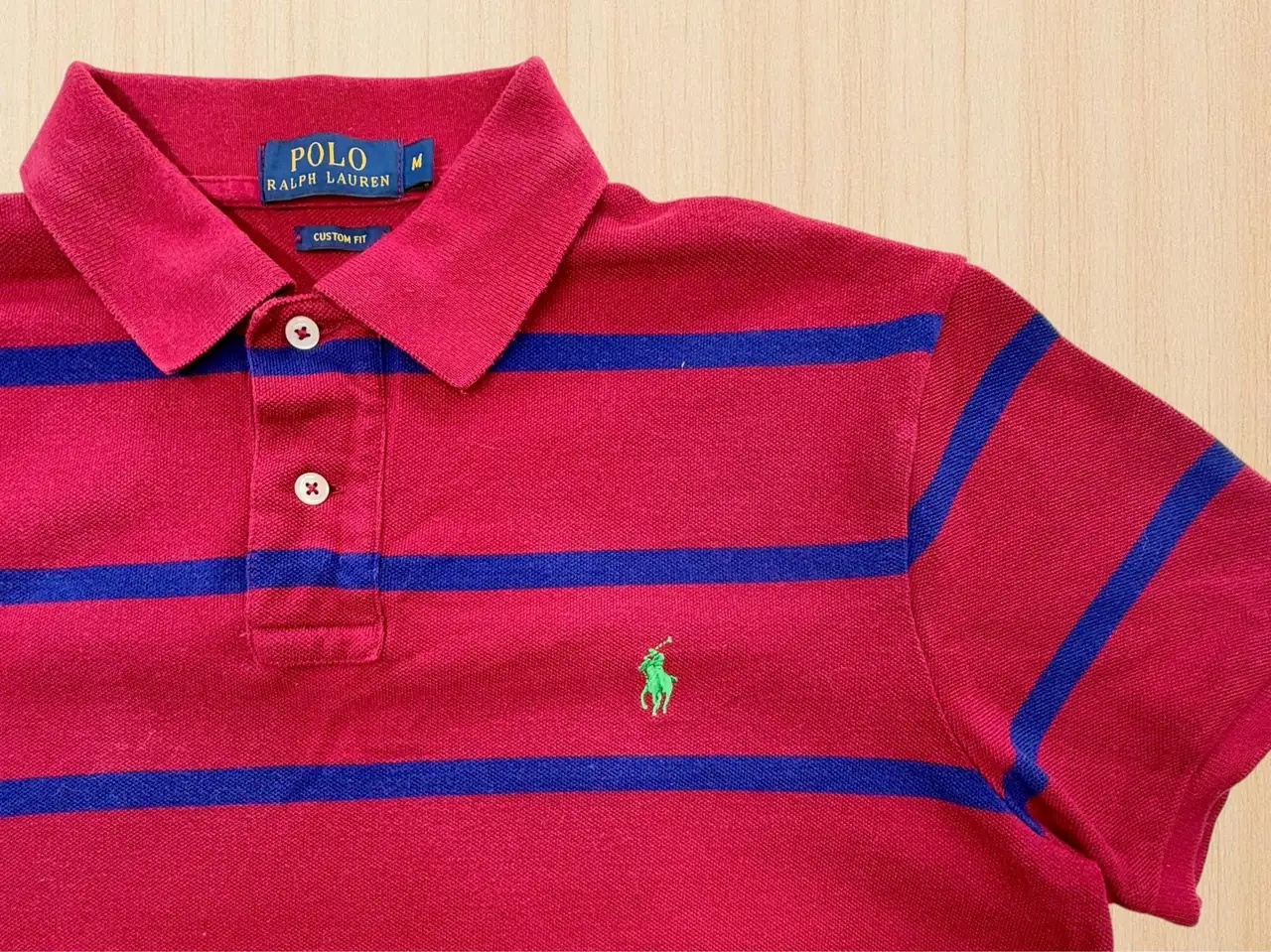 Polo Ralph Lauren Mens Red Navy Striped Green Pony Custom Fit Polo Shirt M – photo 2