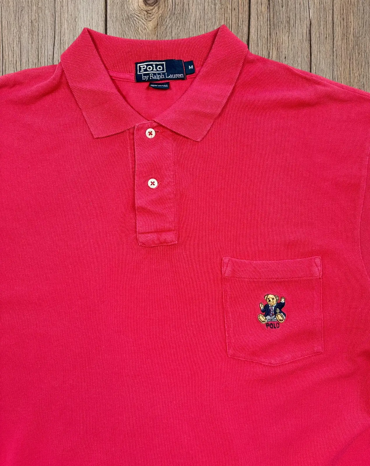 Vintage 90s Polo Ralph Lauren Polo Bear Pocket Polo Shirt Red Made in USA M – photo 2