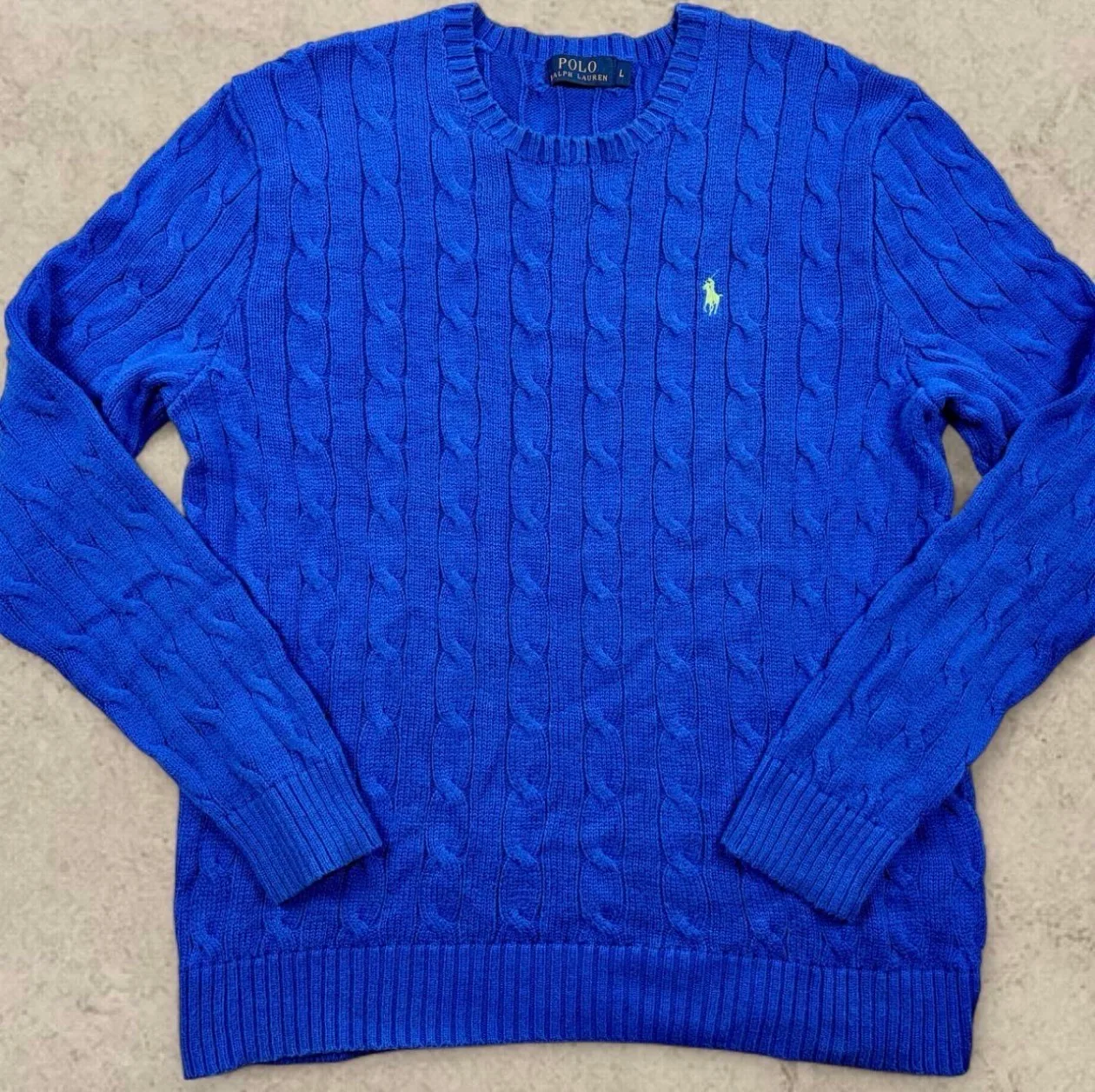 Polo Ralph Lauren Cable Knit Jumper Blue Cotton Sweater L Lime Pony — photo 3