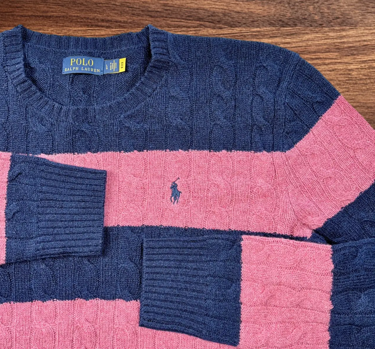 Polo Ralph Lauren Navy Pink Striped Cable Knit Wool Cashmere Jumper L – photo 2