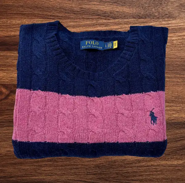 Polo Ralph Lauren Navy Pink Striped Cable Knit Wool Cashmere Jumper L