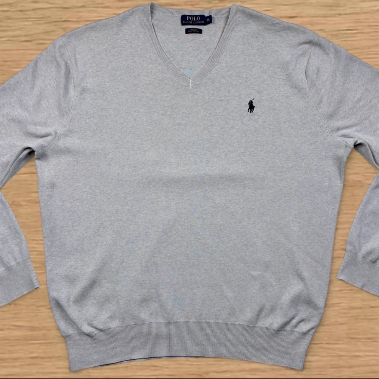 Ralph Lauren Pima Cotton V-Neck Knit XL Grey Black Pony — photo 4