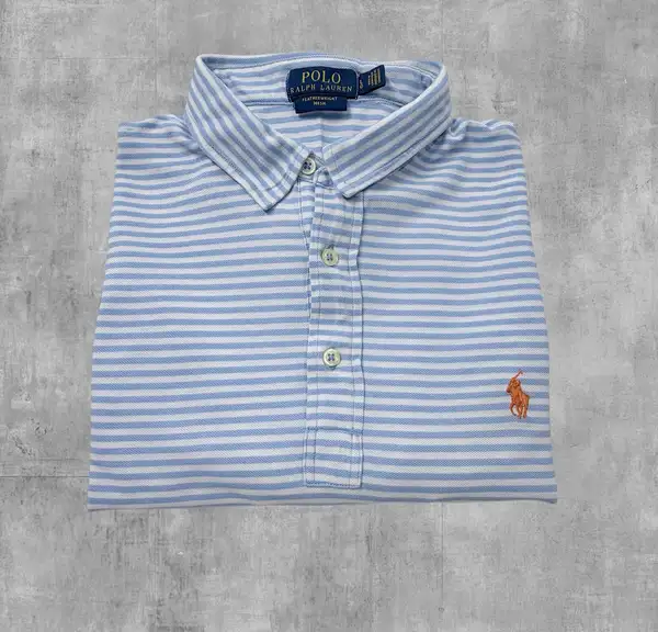 Polo Ralph Lauren Featherweight Mesh Polo Shirt L Blue White Striped Orange Pony