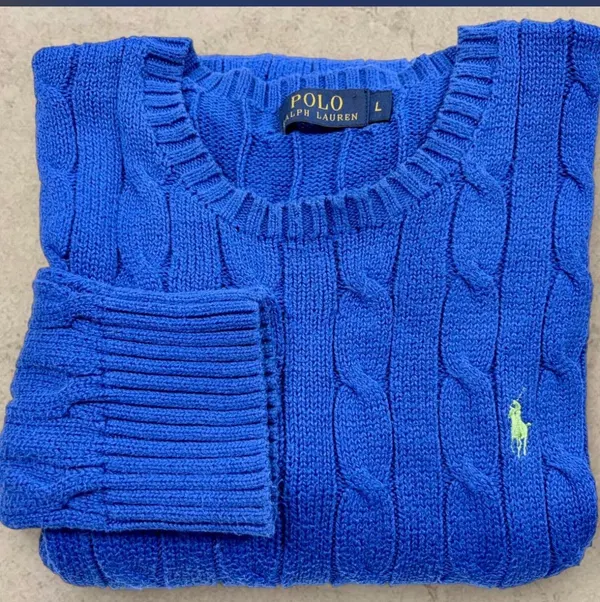 Polo Ralph Lauren Cable Knit Jumper Blue Cotton Sweater L Lime Pony