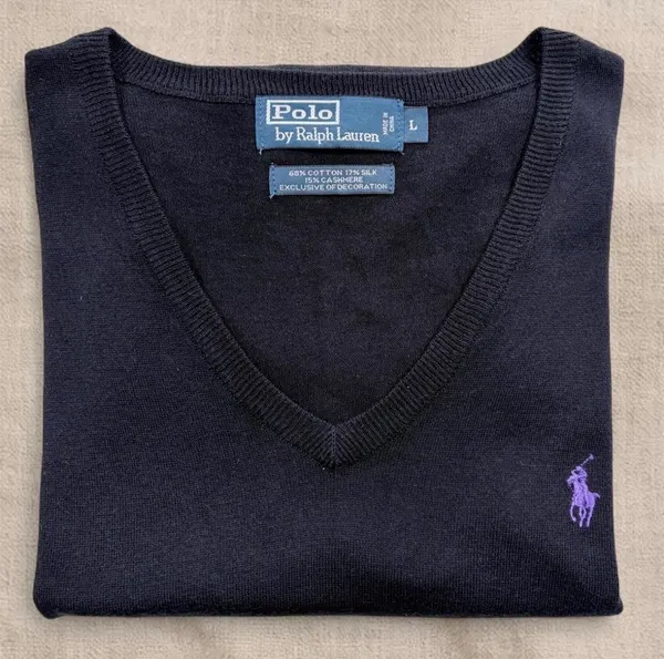 Polo Ralph Lauren Black Silk Cashmere V-Neck Sweater Vest L