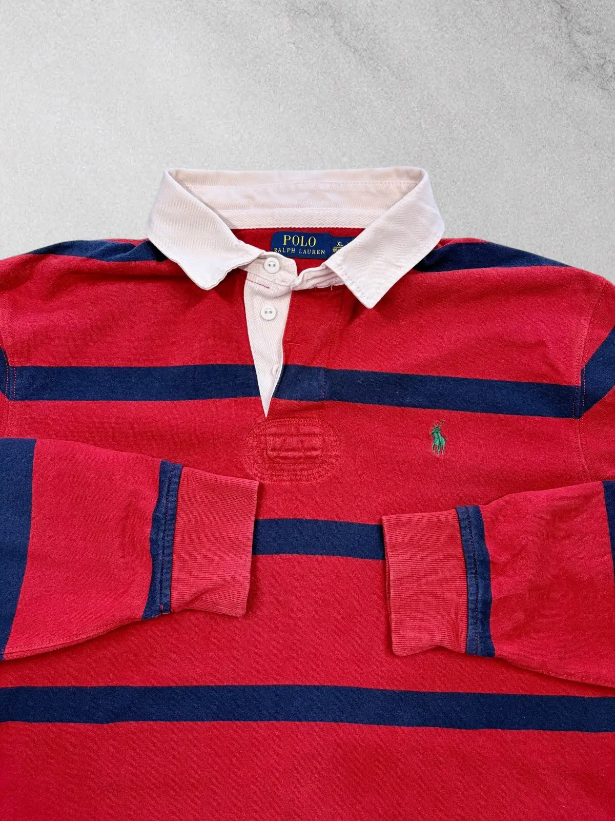 Polo Ralph Lauren Red Navy Striped Rugby Shirt XL Vintage Style – photo 3