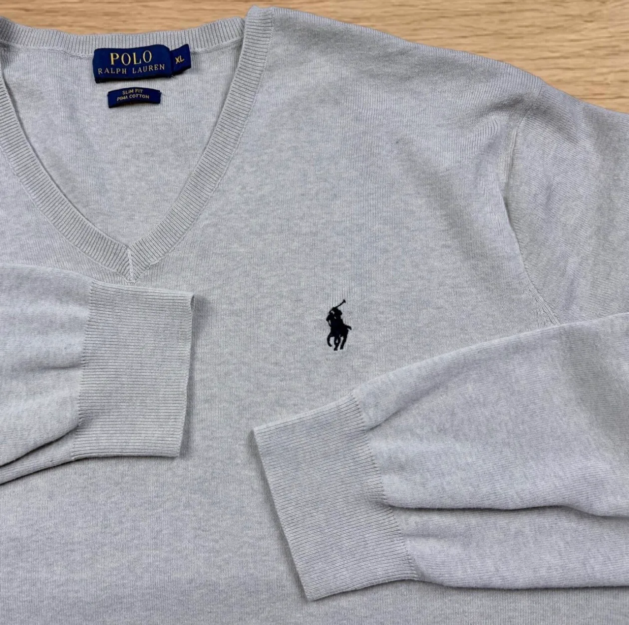 Ralph Lauren Pima Cotton V-Neck Knit XL Grey Black Pony — photo 3