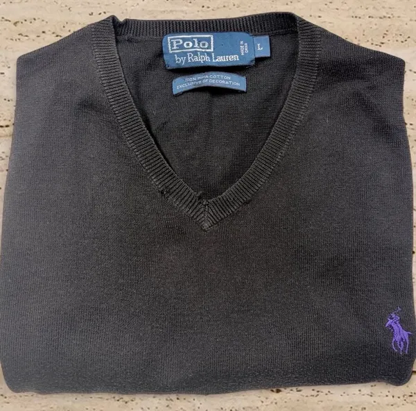 Polo Ralph Lauren Pima Cotton V-Neck Jumper Black Purple Pony L