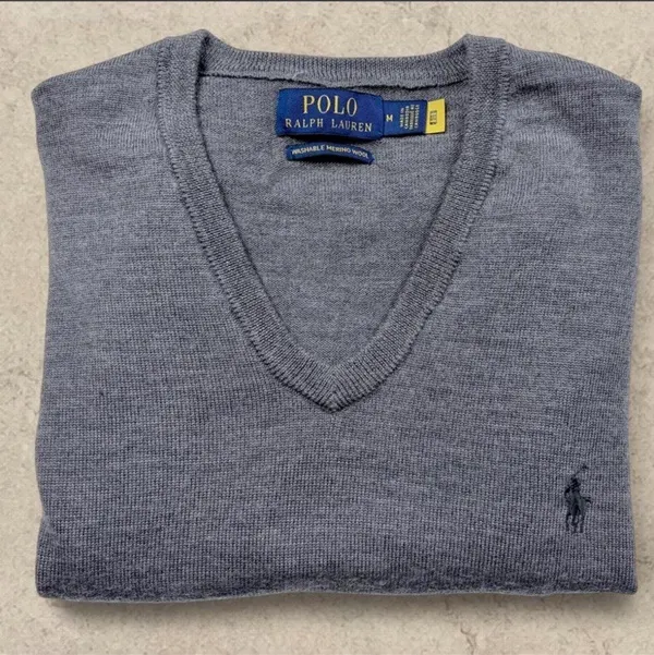 Polo Ralph Lauren 100% Washable Merino Wool Grey V-Neck Jumper