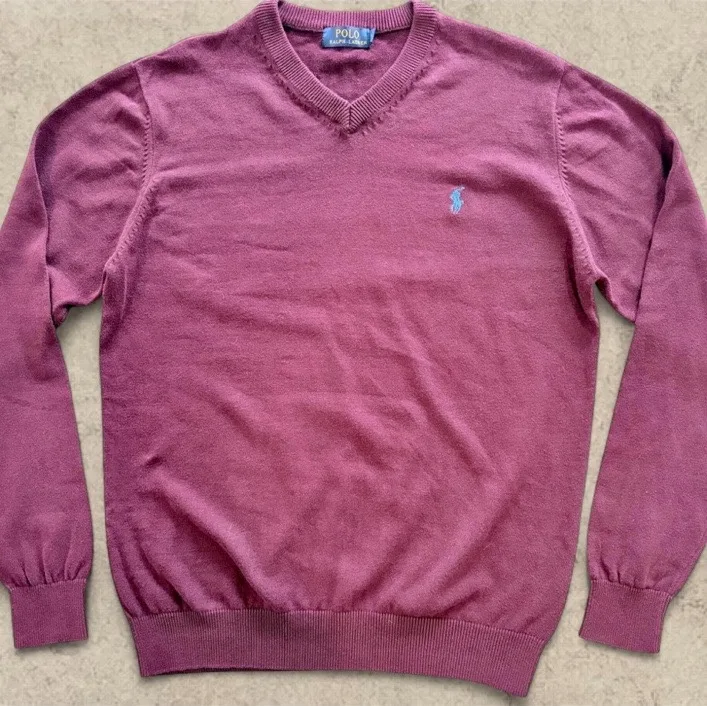 Vintage Polo Ralph Lauren V-Neck Cotton Jumper XL | Burgundy | Blue Pony — photo 3