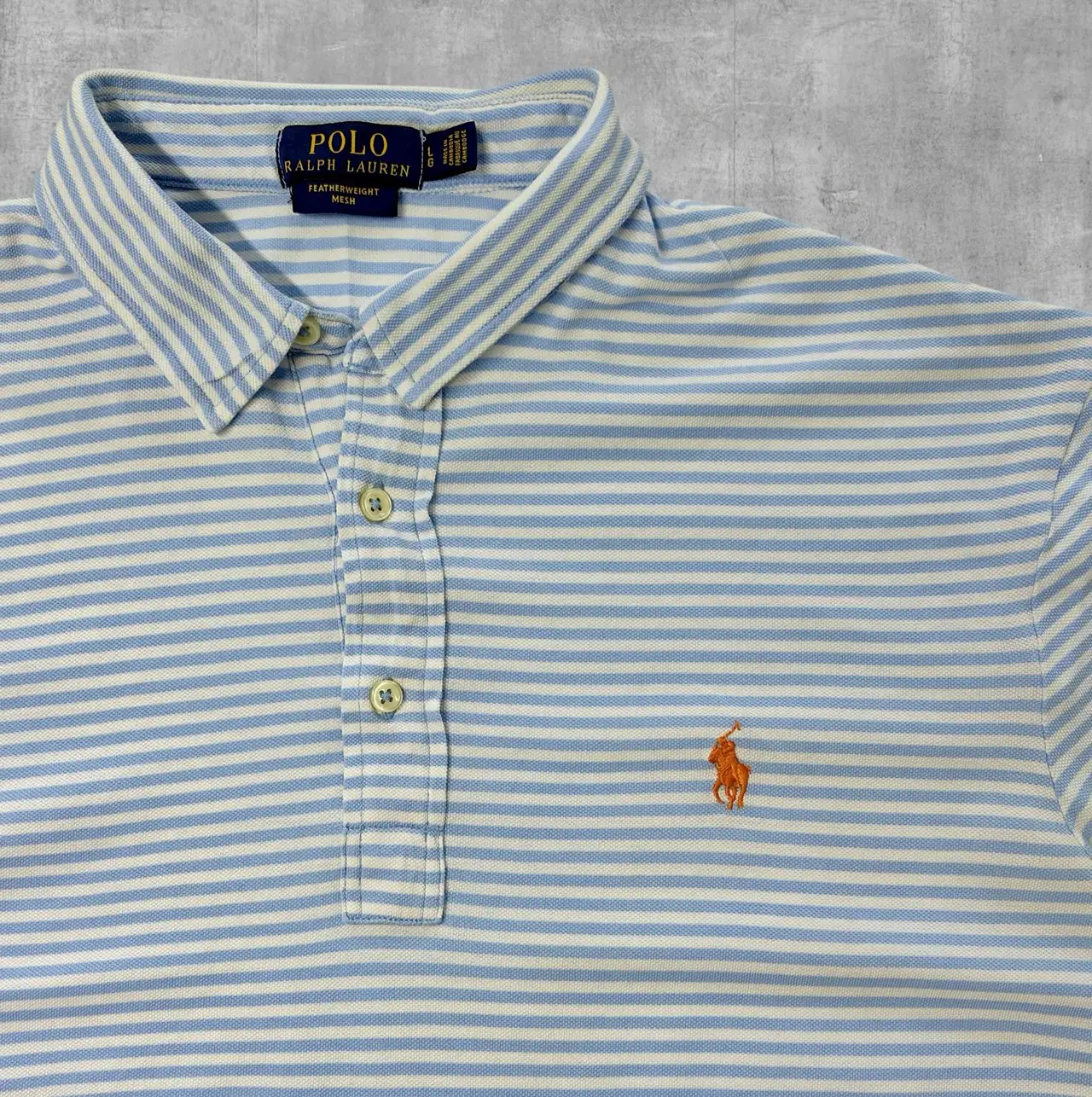 Polo Ralph Lauren Featherweight Mesh Polo Shirt L Blue White Striped Orange Pony – photo 2