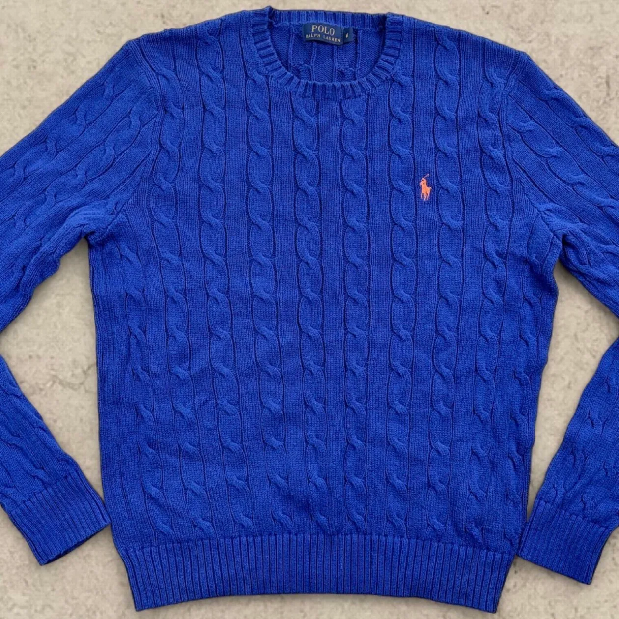 Polo Ralph Lauren Blue Cable Knit Cotton Jumper M Orange Pony — photo 3