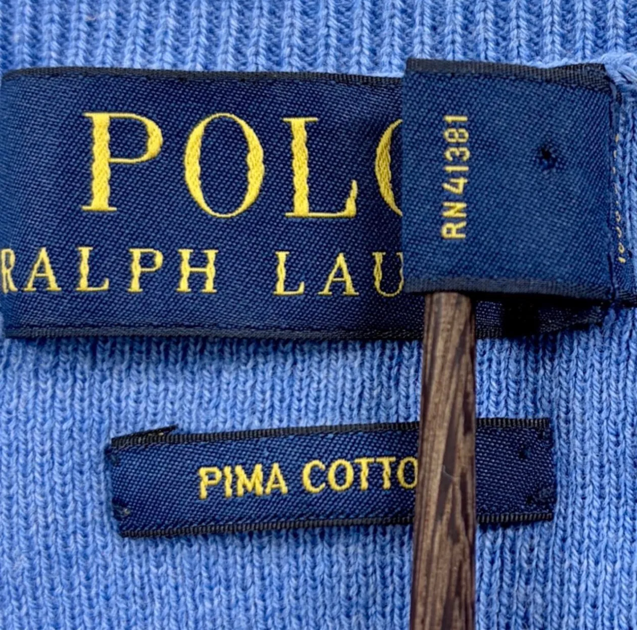 Polo Ralph Lauren Blue Pima Cotton V-Neck Jumper L Yellow Pony — photo 7