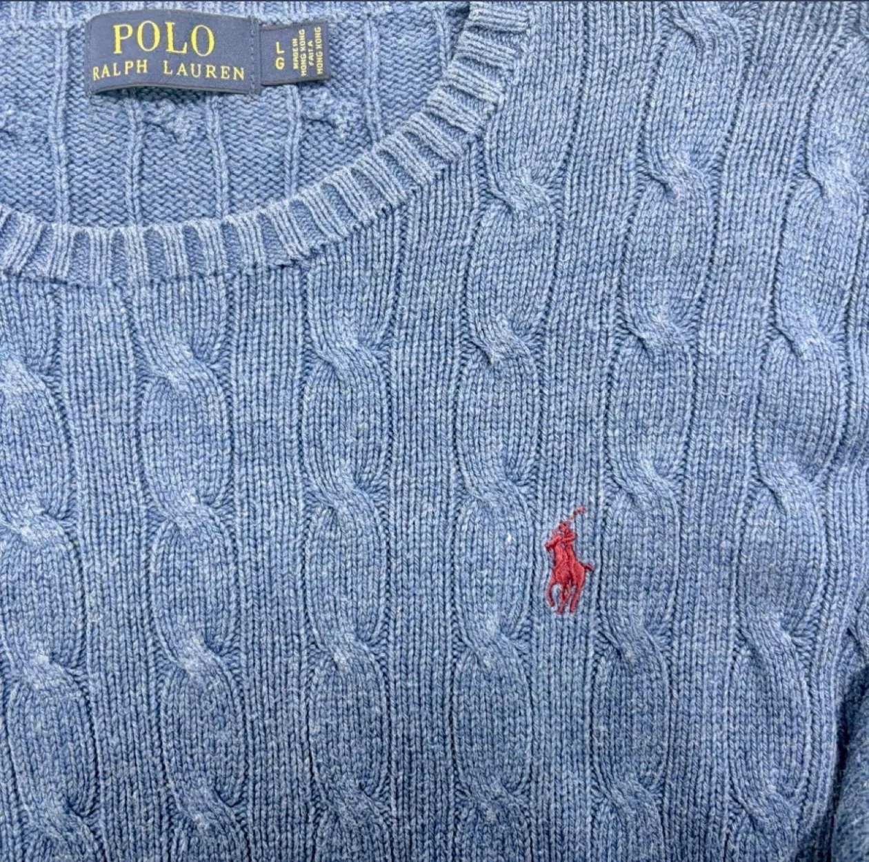Vintage Polo Ralph Lauren 100% Silk Cable Knit Jumper Blue Red Pony L — photo 2