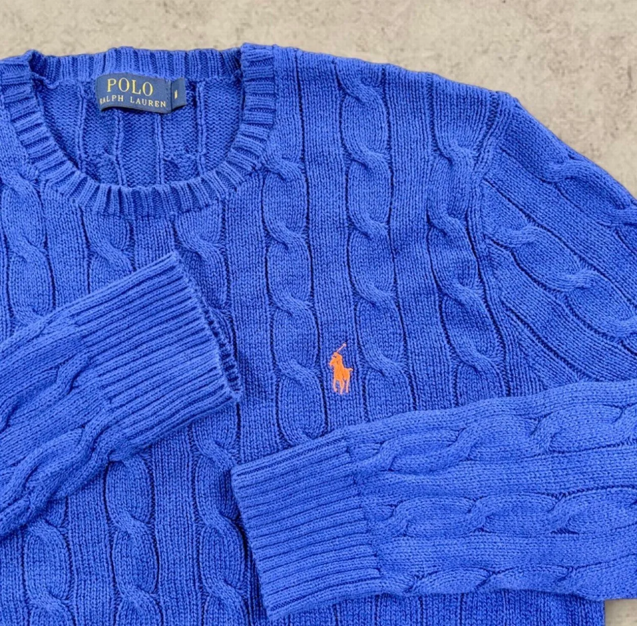 Polo Ralph Lauren Blue Cable Knit Cotton Jumper M Orange Pony — photo 2