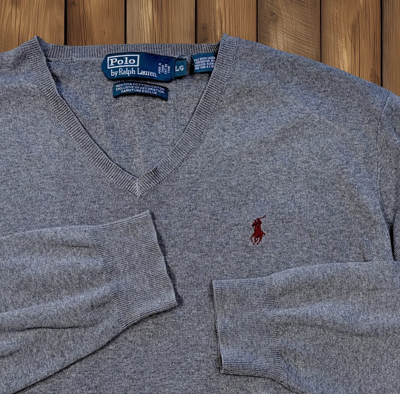 Polo Ralph Lauren Grey Pima Cotton V Neck L Burgundy Pony – photo 2