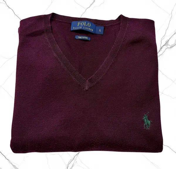 Polo Ralph Lauren Burgundy Pima Cotton V-Neck Jumper L