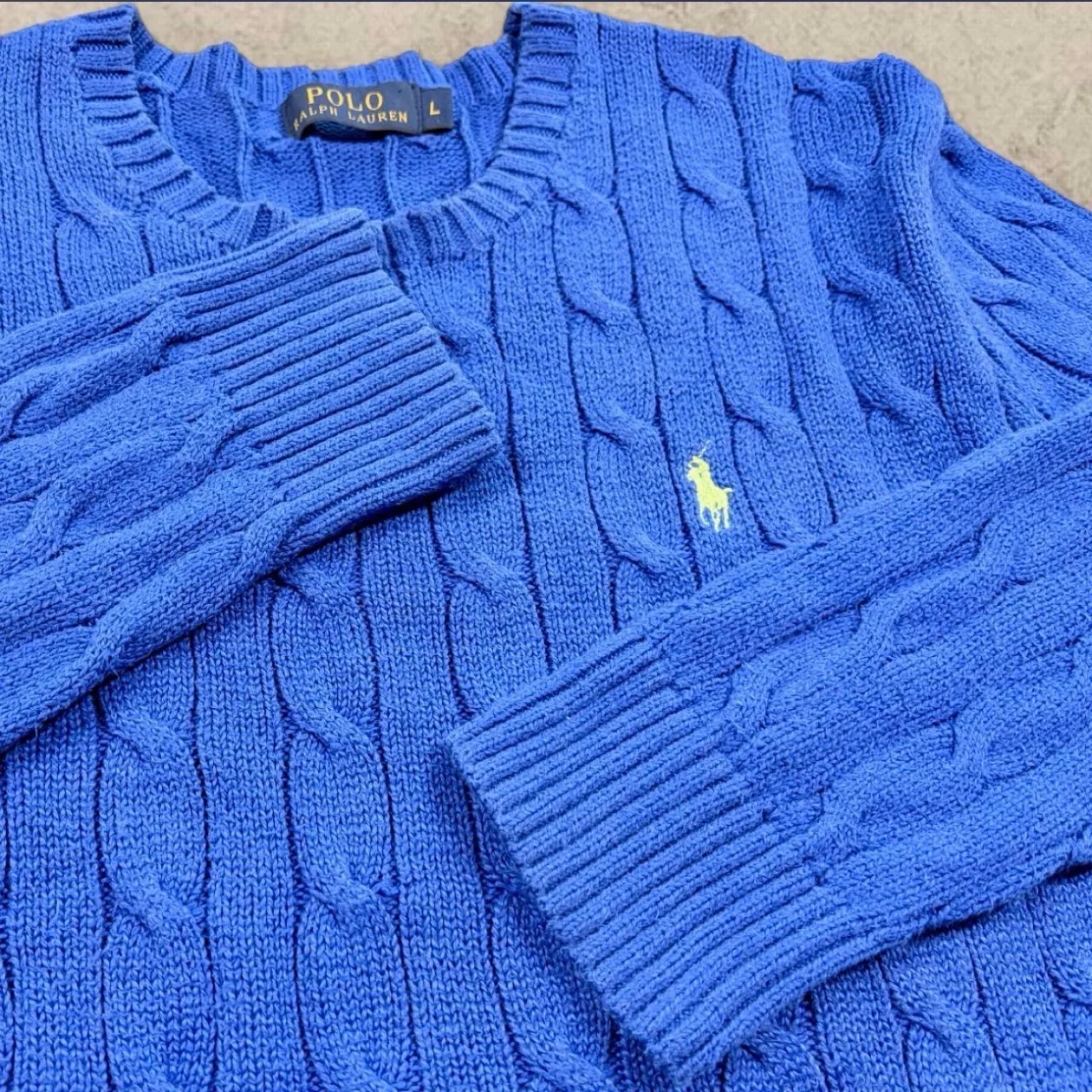 Polo Ralph Lauren Cable Knit Jumper Blue Cotton Sweater L Lime Pony — photo 2