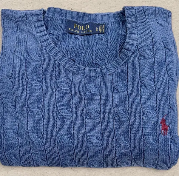 Vintage Polo Ralph Lauren 100% Silk Cable Knit Jumper Blue Red Pony L