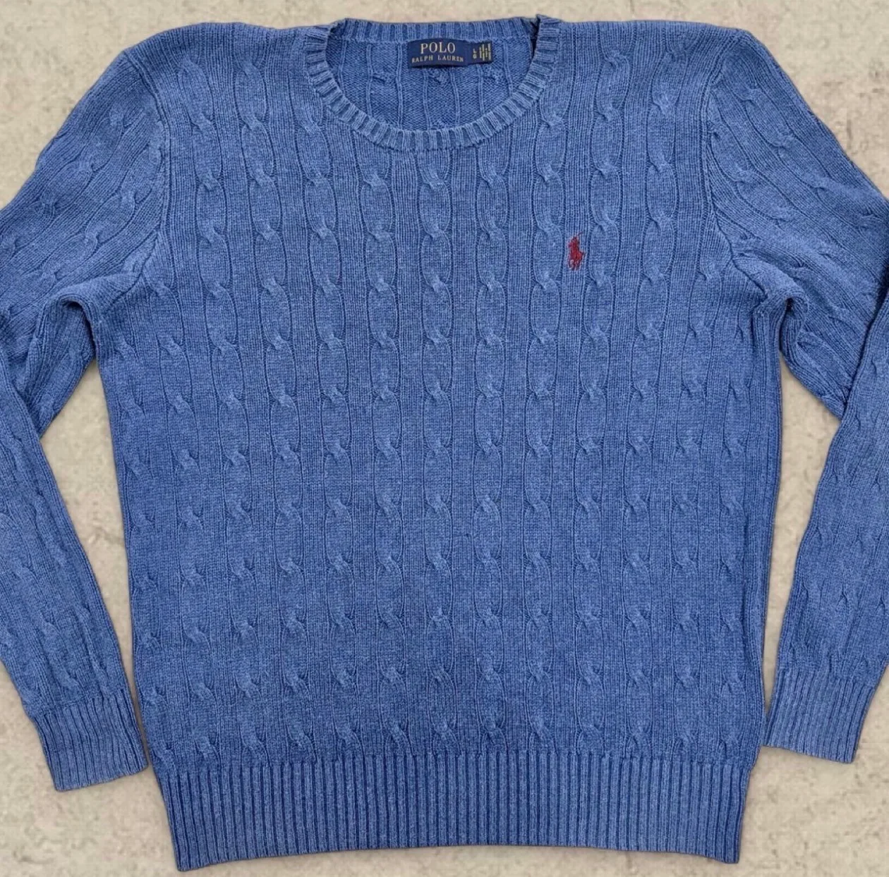 Vintage Polo Ralph Lauren 100% Silk Cable Knit Jumper Blue Red Pony L — photo 4