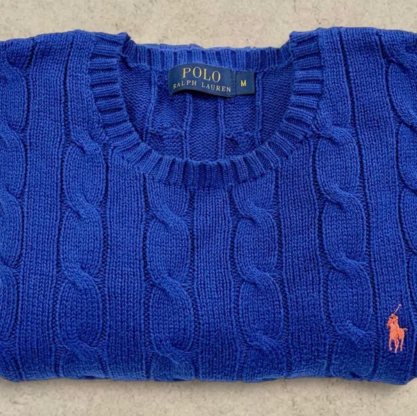 Polo Ralph Lauren Blue Cable Knit Cotton Jumper M Orange Pony