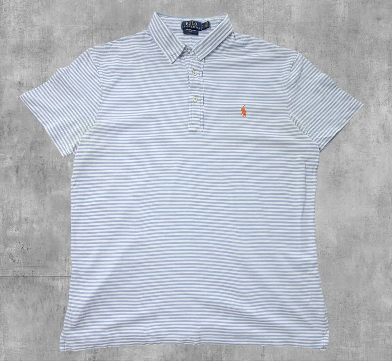 Polo Ralph Lauren Featherweight Mesh Polo Shirt L Blue White Striped Orange Pony – photo 3