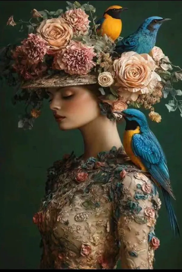 Beautiful lady and bird canvas prints