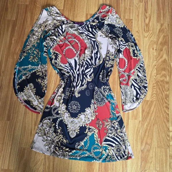 Bam-Bam Statement Cold-Shoulder Dress – Baroque & Zebra Print – Size 10-12