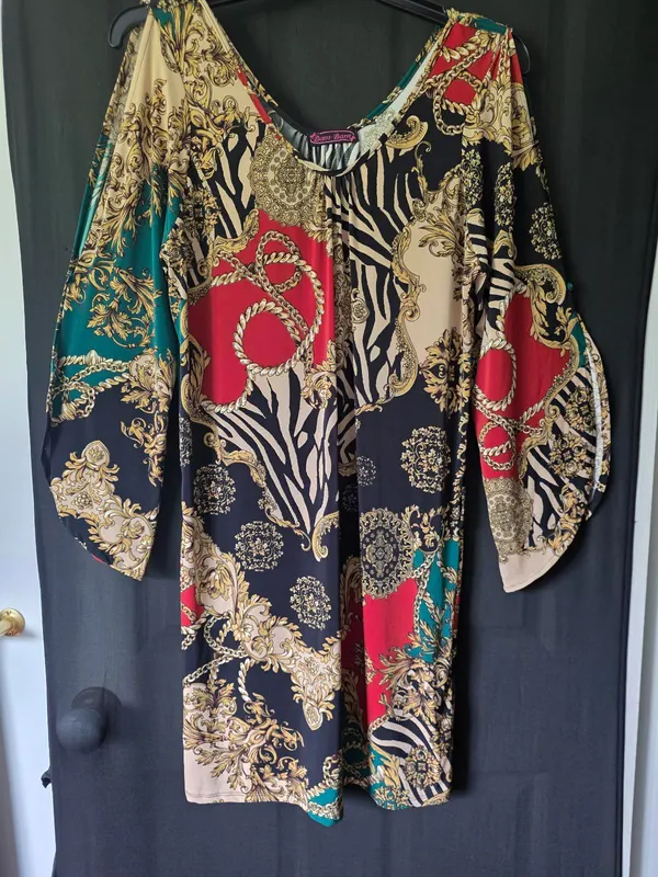 Bam-Bam Statement Cold-Shoulder Dress – Baroque & Zebra Print – Size 10-12