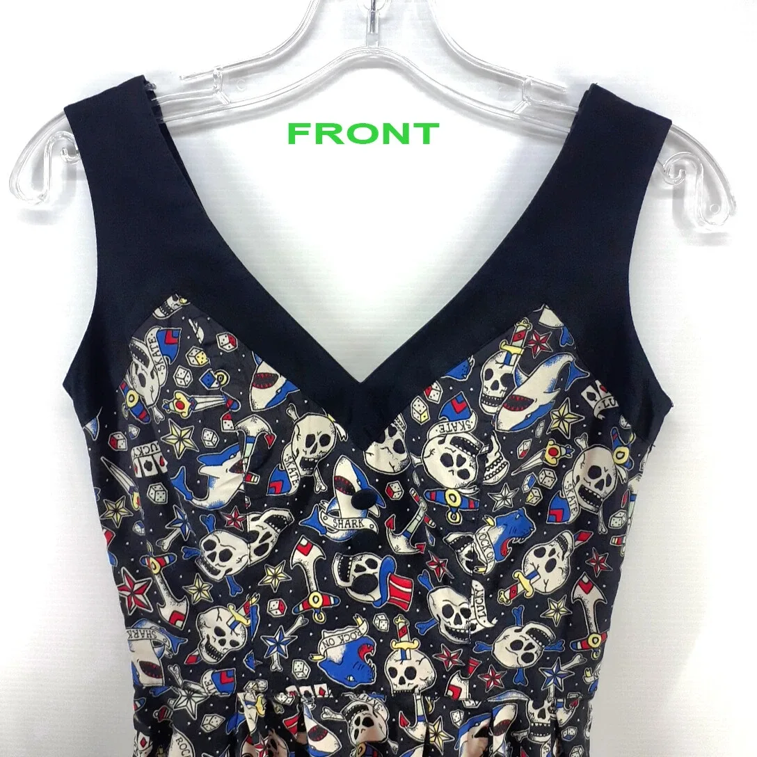 Hell Bunny Vixen Dress XS Halloween Black Skulls Retro Rockabilly Skater — photo 4