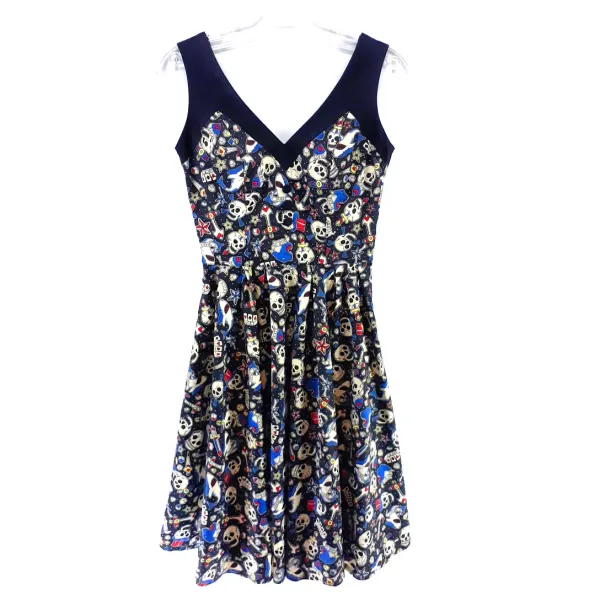 Hell Bunny Vixen Dress XS Halloween Black Skulls Retro Rockabilly Skater